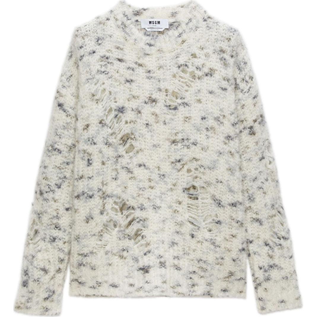 (Women) MSGM Distressed Effect Crewneck Long Sleeve Knit Sweater Women White 3741MDM210247785-WHITE