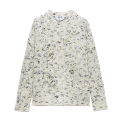 (Women) MSGM Distressed Effect Crewneck Long Sleeve Knit Sweater Women White 3741MDM210247785-WHITE
