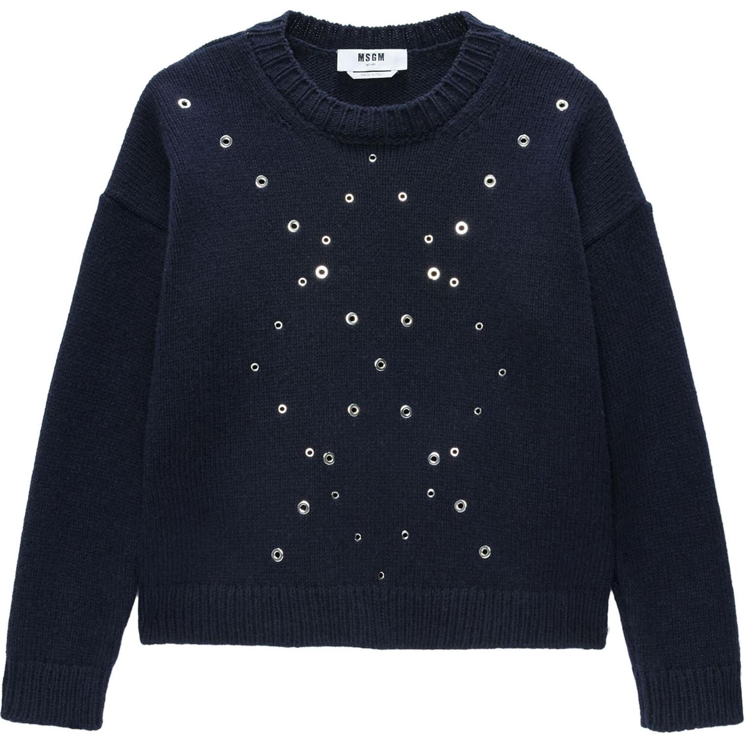 (Women) MSGM Eyelet Embellished Solid Knit Long Sleeve  Sweater Navy Blue 3741MDM203247781-NAVY