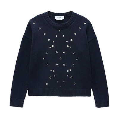 (Women) MSGM Eyelet Embellished Solid Knit Long Sleeve Sweater Navy Blue 3741MDM203247781-NAVY