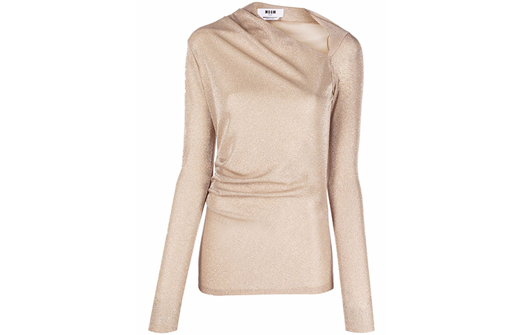 (Women) MSGM FW21  Sequin Asymmetric Neck Slim-Fit Long Sleeve Tee Champagne 3141MDM12-217600-22