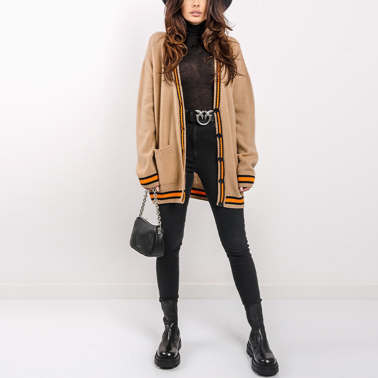 Shop (W) MSGM FW21 스트라이프 브이넥 니트 스웨터 베이지 3141MDM125-217790-23