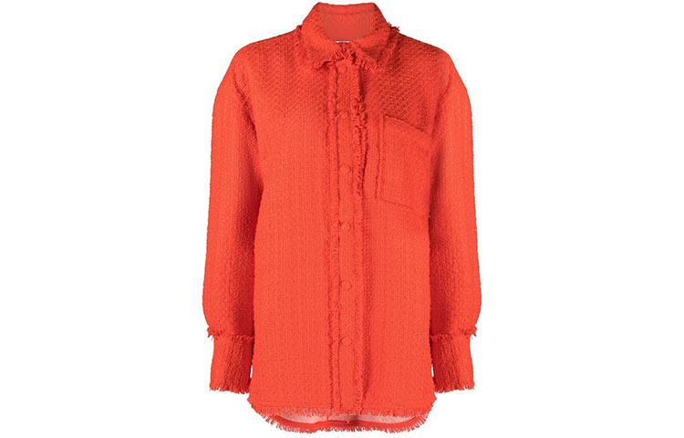 (Women) MSGM FW22  Red Orange Fringe Tweed Long Sleeve Button-Up Shirt. 3341MDE14X-227609-10