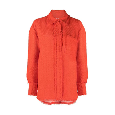 (Women) MSGM FW22 Red Orange Fringe Tweed Long Sleeve Button-Up Shirt. 3341MDE14X-227609-10