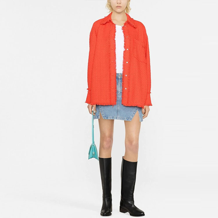 Lookbook (W) Camisa MSGM FW22 Tweed Rojo Naranja con Flecos y Botones de Manga Larga. 3341MDE14X-227609-10