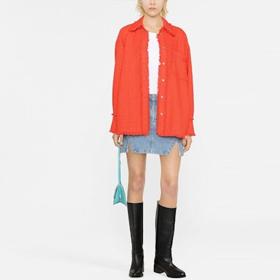 (W) Camisa MSGM FW22 Tweed Rojo Naranja con Flecos y Botones de Manga Larga. 3341MDE14X-227609-10 Lookbook (W) Camisa MSGM FW22 Tweed Rojo Naranja con Flecos y Botones de Manga Larga. 3341MDE14X-227609-10