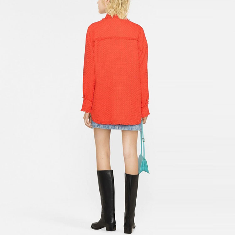 Shop (W) Camisa MSGM FW22 Tweed Rojo Naranja con Flecos y Botones de Manga Larga. 3341MDE14X-227609-10