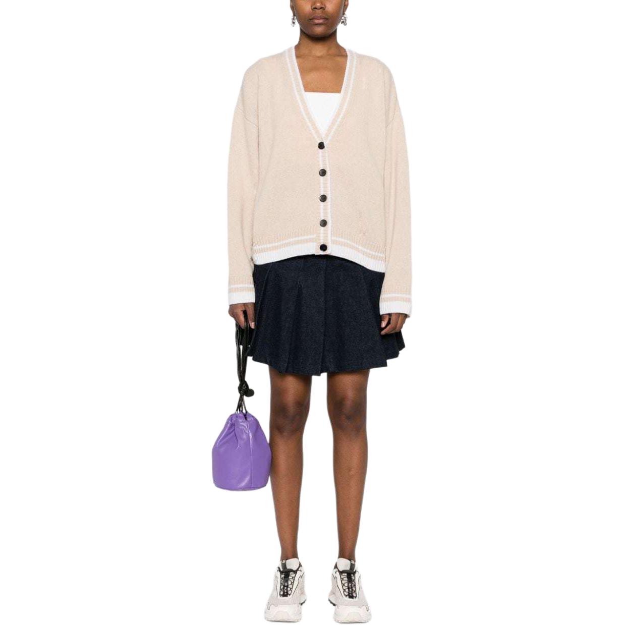 Lookbook (W) MSGM 로고 자수 울 싱글 브레스티드 가디건 여성용 라이트 베이지. 3641MDM215247296-BEIGE