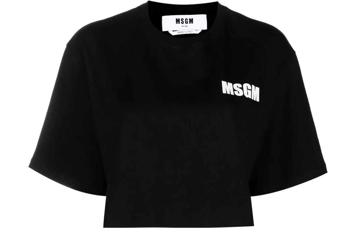 (Women) MSGM SS23  Black Logo Print Cropped Crewneck Short-Sleeve T-Shirt. 3441MDM105237002-99