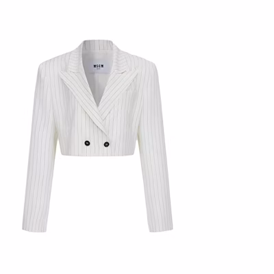 (Women) MSGM SS24 Double-Breasted Cropped Striped Blazer White 3641MDG17247117-01