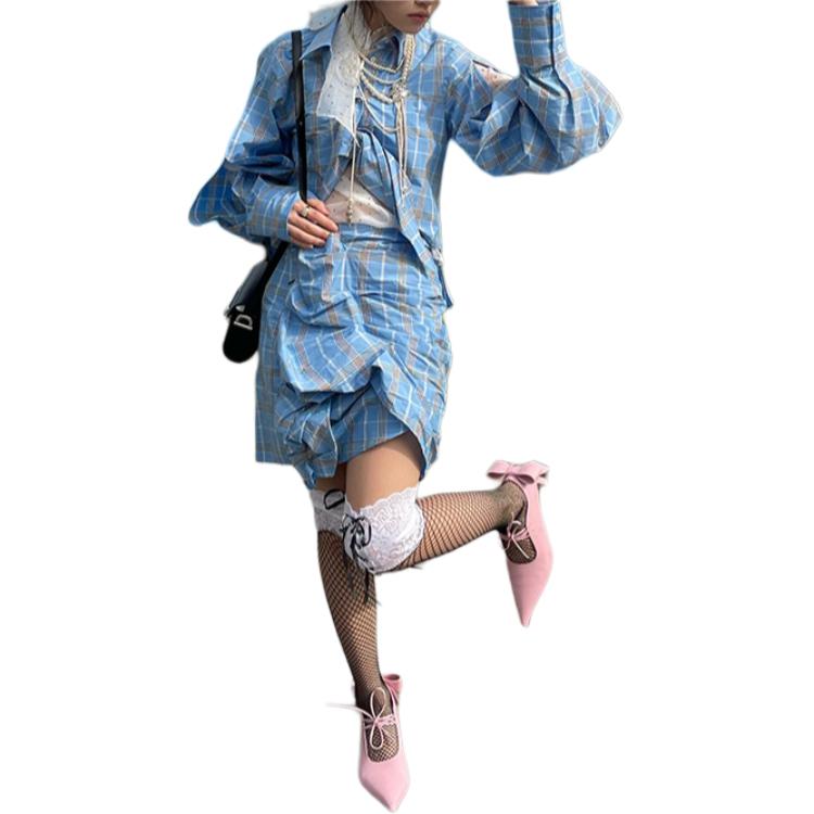 Shop (W) MSGM SS24 여성용 체크 플리츠 캐주얼 스커트 라이트 블루. 3642MDD06-247310-Light blue