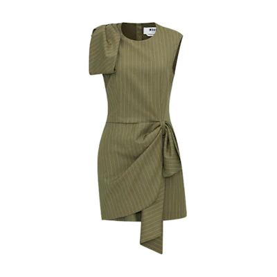 (Women) MSGM SS24 Sleeveless Midi Striped Casual Dress Women’s Dark Green. 3641MDA56-247117-37