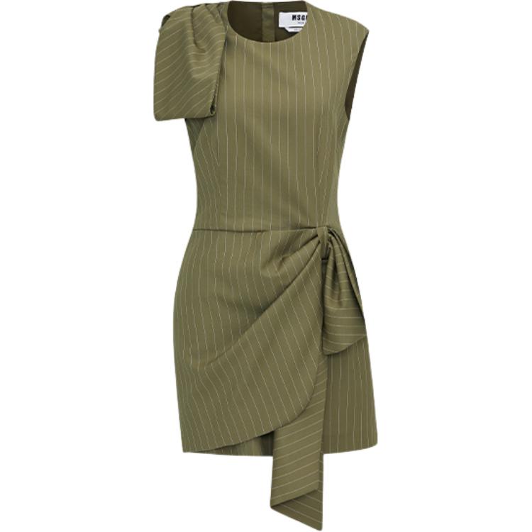 Order (W) MSGM SS24 여성 다크 그린 민소매 스트라이프 캐주얼 미디 원피스. 3641MDA56-247117-37