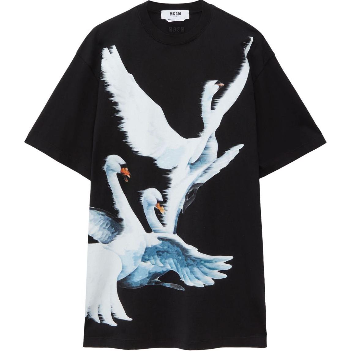 Order (W) MSGM 여성 블랙 스완 프린트 반팔 스트레이트 헴 원피스. 3742MDA78247798-BLACK