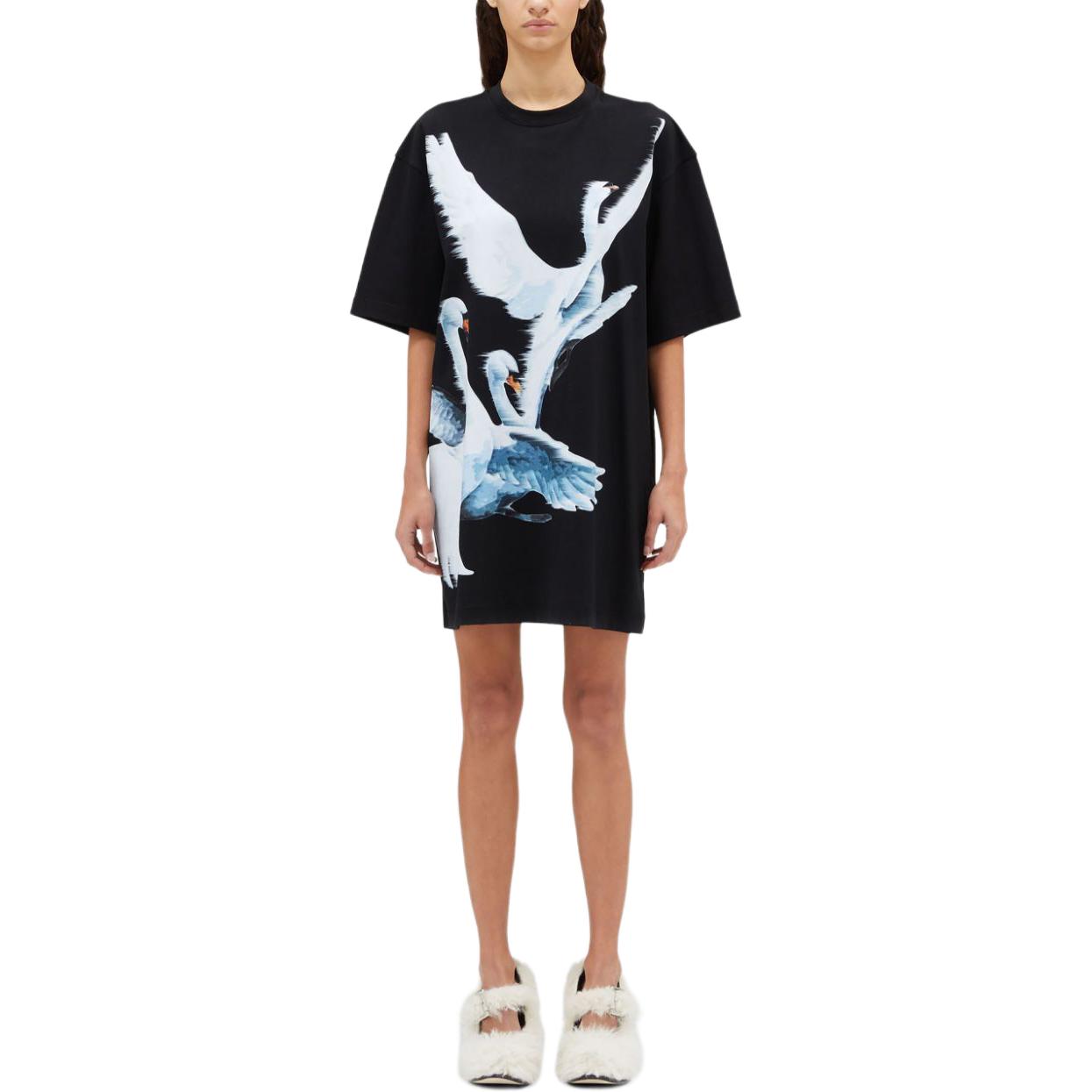 Lookbook (W) MSGM 여성 블랙 스완 프린트 반팔 스트레이트 헴 원피스. 3742MDA78247798-BLACK