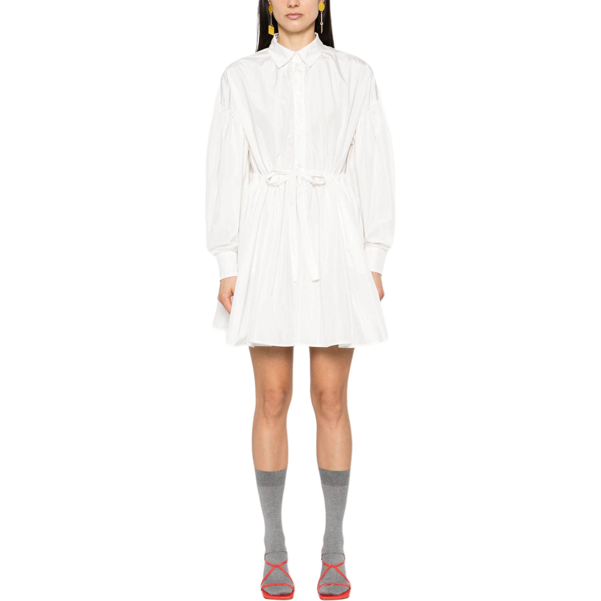 Lookbook (W) MSGM 텍스처드 미니 A라인 롱 슬리브 드레스 여성 베이지. 3641MDA59247109-WHITE