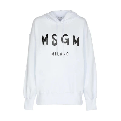 (Women) MSGM White Hoodie with Front Logo Letter Print and Drop-Shoulder Design 2000MDM515-200001-01