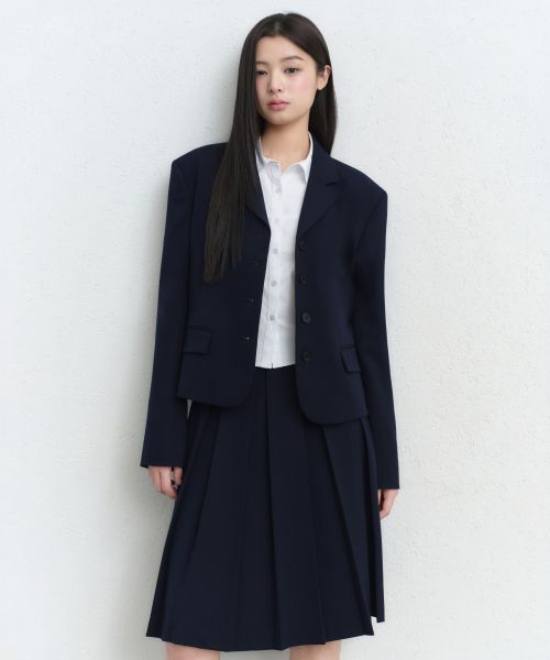 (Women) MUSINSA STANDARD WOMEN Bold Pleated Knee-Length Skirt [Navy] MWFSK5B08-NA