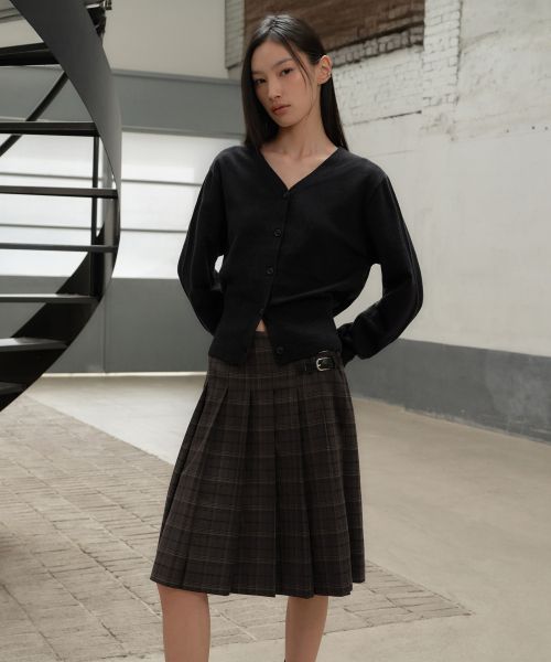(Women) MUSINSA STANDARD WOMEN Buckle Pleated Check Knee-Length Skirt [Gray] MWESK0D10-GR