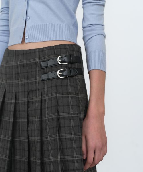 Shop (Women) MUSINSA STANDARD WOMEN Buckle Pleated Check Knee-Length Skirt [Gray] MWESK0D10-GR