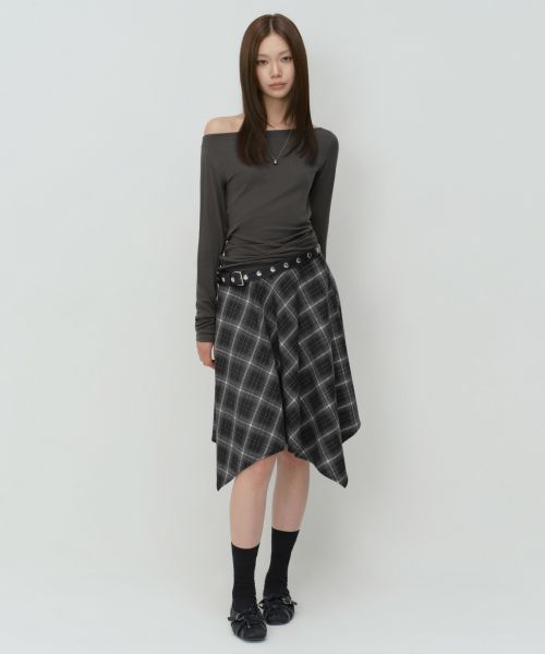 Lookbook (W) Musinsa Standard 女士格纹不对称半裙 [黑色/灰色] MWFSK8C08-31