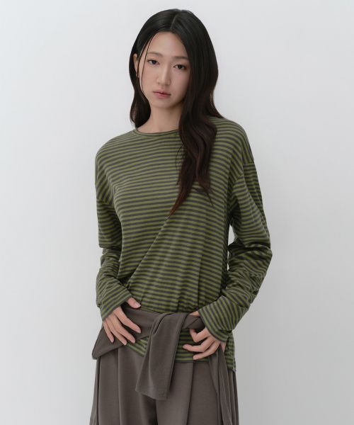 (Women) Musinsa Standard Women CR Stripe Relaxed Long Sleeve T-Shirt [Olive] MWFTL8A08-OL