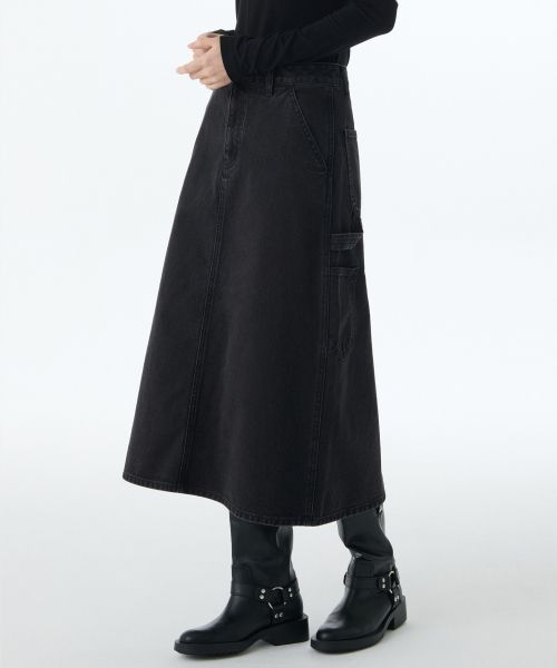 (Women) MUSINSA STANDARD WOMEN Denim Carpenter Long Skirt [Washed Black] MWDSN0Z02-WC