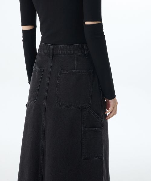 Cheap (Women) MUSINSA STANDARD WOMEN Denim Carpenter Long Skirt [Washed Black] MWDSN0Z02-WC