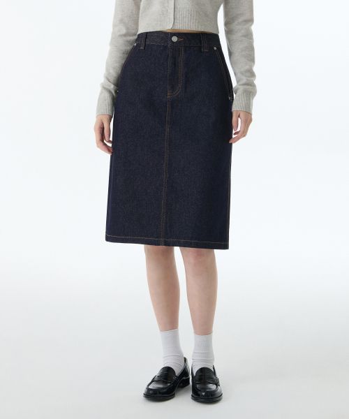 (Women) MUSINSA STANDARD WOMEN Denim Knee-Length Skirt [Deep Indigo] MWDSN0Z04-DI
