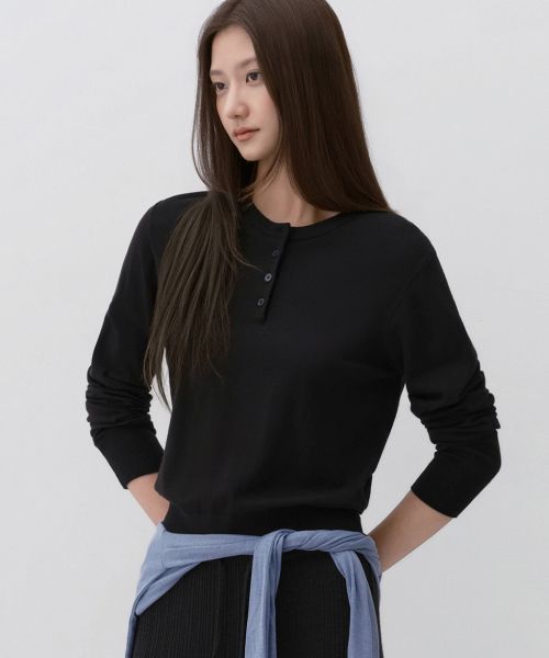 (Women) Musinsa Standard Women Essential Henley Neck Knit [Black] MWFWL8A03-BK