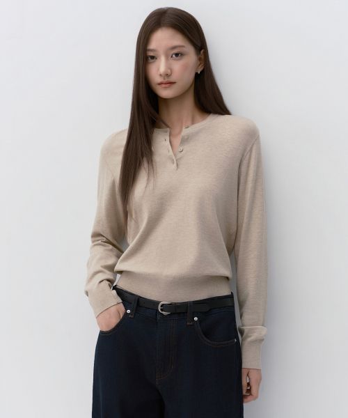 (Women) Musinsa Standard Women Essential Henley Neck Knit [Heather Light Beige] MWFWL8A03-HI