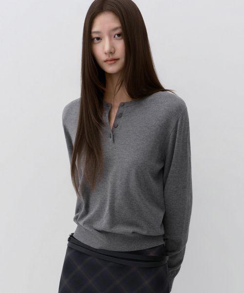 (Women) Musinsa Standard Women Essential Henley Neck Knit [Medium Grey] MWFWL8A03-MR