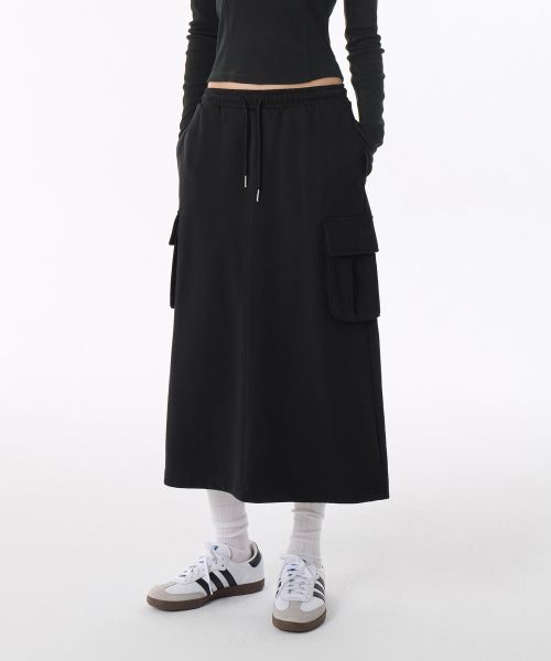 (Women) MUSINSA STANDARD WOMEN Flat Terry Sweat Cargo Long Skirt [Black] MWESE2Z01-BK