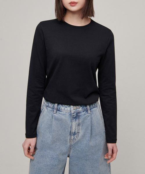Lookbook (W) Camiseta manga larga mujer Musinsa Standard cuello redondo flexible [Negro] MWBTL0Z04-BK