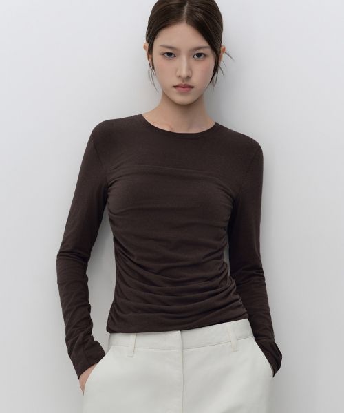 (Women) Musinsa Standard Women Front Shirring Long Sleeve T-Shirt [Dark Brown] MWFTL8A05-DR