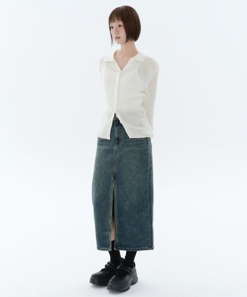 (Women) MUSINSA STANDARD WOMEN Front Slit Denim Long Skirt [Rusty Blue] MWBSN0Z01-UL