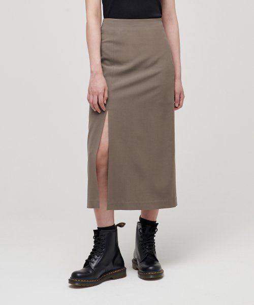 (Women) MUSINSA STANDARD WOMEN High Waist Slit Long Skirt [Dusty Beige] MWASK4Z08-UI