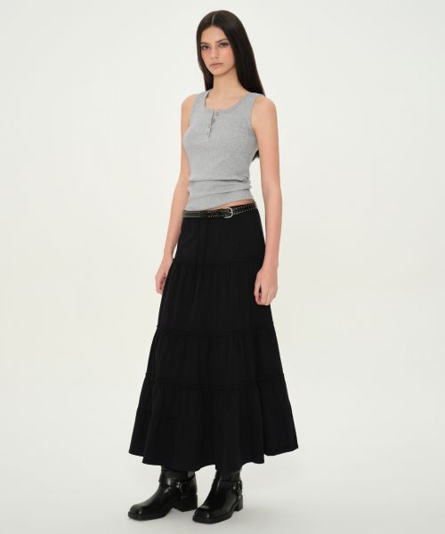 Lookbook (Women) MUSINSA STANDARD WOMEN Jersey Tiered Long Skirt [Black] MWFSE5B01-BK