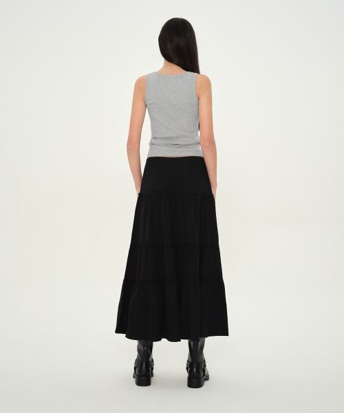 Shop (Women) MUSINSA STANDARD WOMEN Jersey Tiered Long Skirt [Black] MWFSE5B01-BK