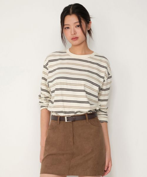 (Women) Musinsa Standard Women Multi-Stripe Oversized Long-Sleeve T-Shirt [Cream/Beige] MWETL8D03-W9