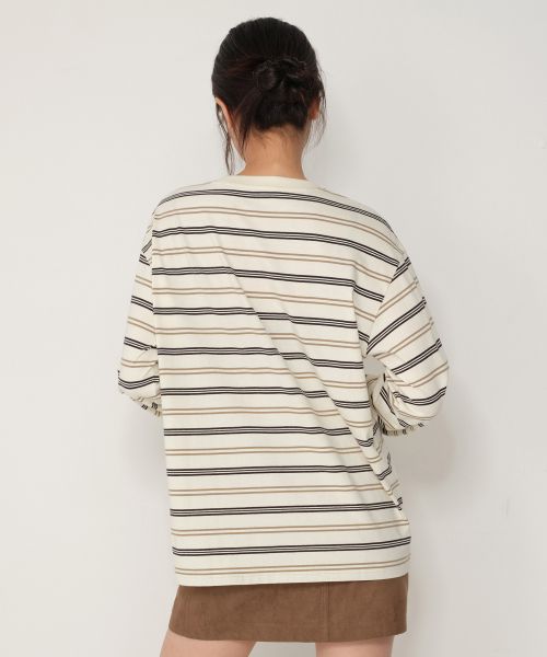 Lookbook (W) Musinsa Standard 女款多条纹宽松长袖T恤 [奶油色/米色] MWETL8D03-W9