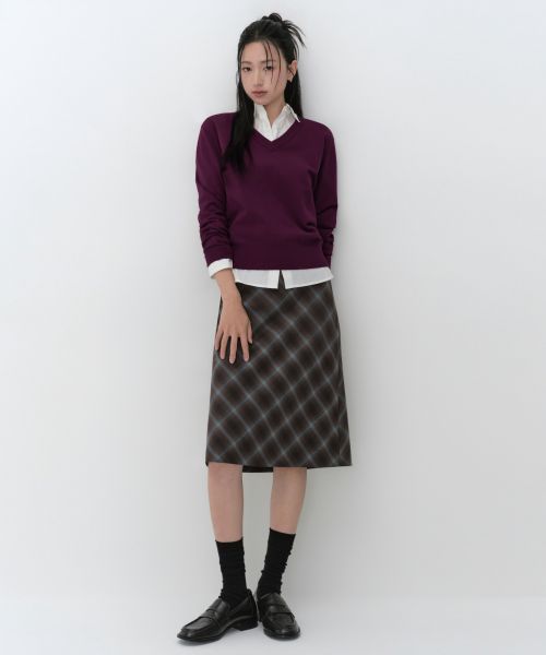 (Women) MUSINSA STANDARD WOMEN Ombre Check Knee-Length Skirt [Dark Brown] MWFSK8C01-DR
