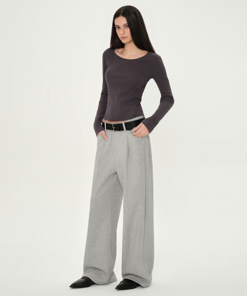 (Women) Musinsa Standard Women Pigment Ribbed Slim Scoop Neck Long Sleeve T-Shirt [Charcoal Gray] MWFTL3A08-CG