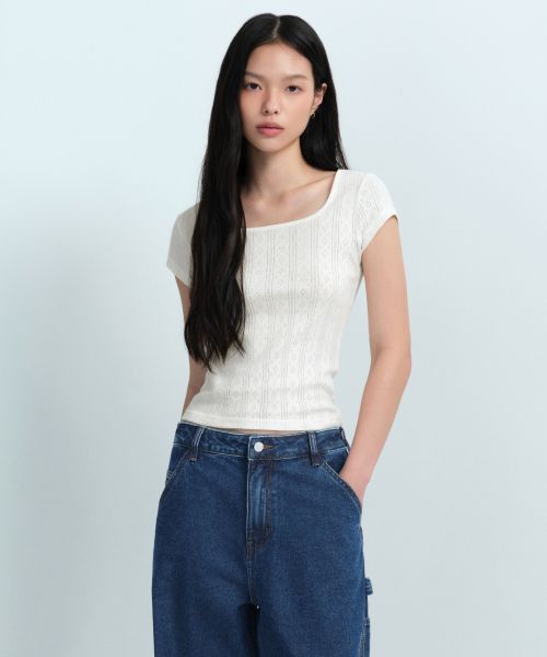 (Women) MUSINSA STANDARD WOMEN Pointelle Square Neck Cap Sleeve T-Shirt [Cream] MWETS4Z09-CR