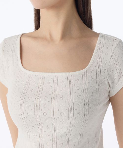 Lookbook (Women) MUSINSA STANDARD WOMEN Pointelle Square Neck Cap Sleeve T-Shirt [Cream] MWETS4Z09-CR