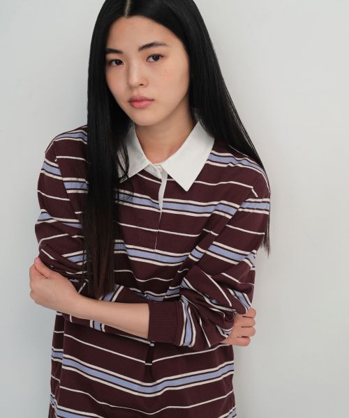 (Women) Musinsa Standard Women Relaxed Multi Stripe Rugby Shirt [Burgundy] MWETP3C01-BD