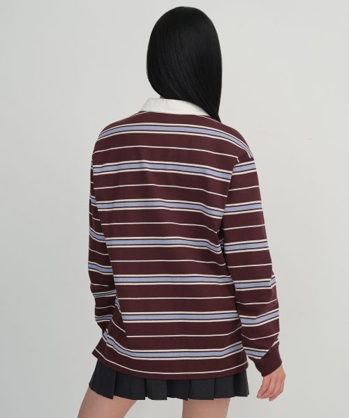 Lookbook (Women) Musinsa Standard Women Relaxed Multi Stripe Rugby Shirt [Burgundy] MWETP3C01-BD