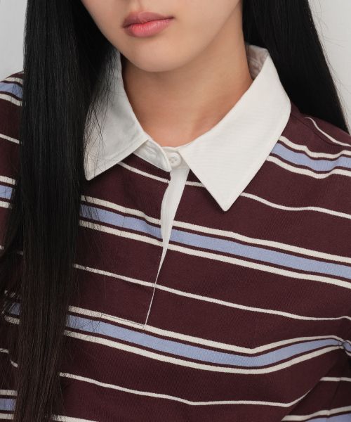 Shop (Women) Musinsa Standard Women Relaxed Multi Stripe Rugby Shirt [Burgundy] MWETP3C01-BD