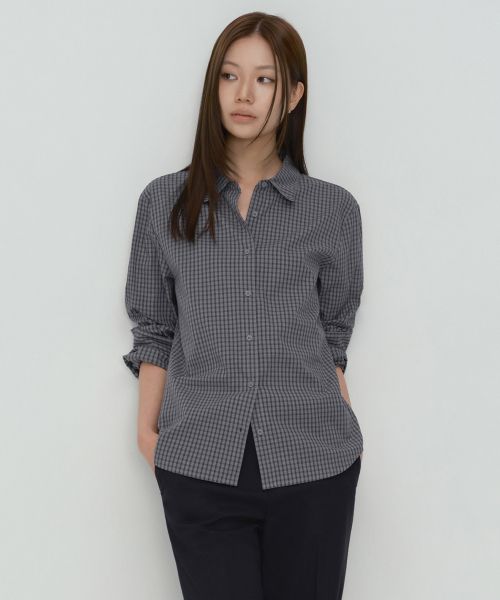 (Women) Musinsa Standard Women Relaxed Small Plaid Check Shirt [Gray/Navy] MWFSL8C03-3C