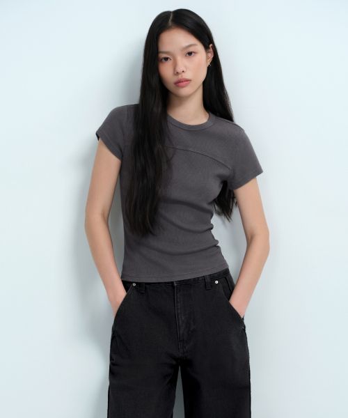 (Women) MUSINSA STANDARD WOMEN Ribbed Pigment Slim T-Shirt [Dark Gray] MWDTS4Z09-DG